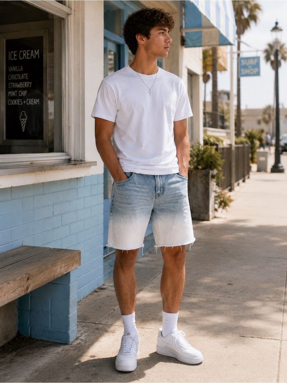 Carbon Ombre Denim Shorts in Blue and White